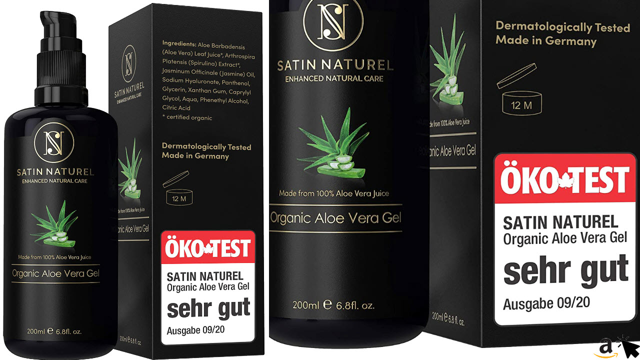 Aloe Vera Gel Satin Naturel Naturkosmetik BIO 100%, mit Hyaluronsäure, Bio Spirulina, Jasmin & Panthenol - als After Sun & Gesichtscreme - ÖKO Test SEHR GUT 09-2020
