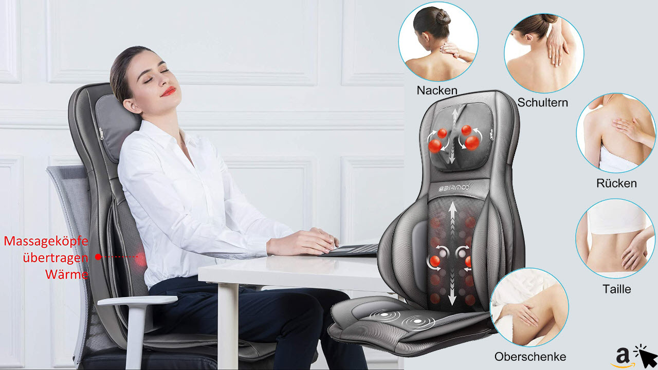 Comfier Shiatsu Massagesitzauflage mit Knet-, Rollen-, Vibrations- und Luftkompressionsmassage, Massageauflage mit Wärmefunktion, für Nacken-, Schultern-, Rücken- und Oberschenkel
