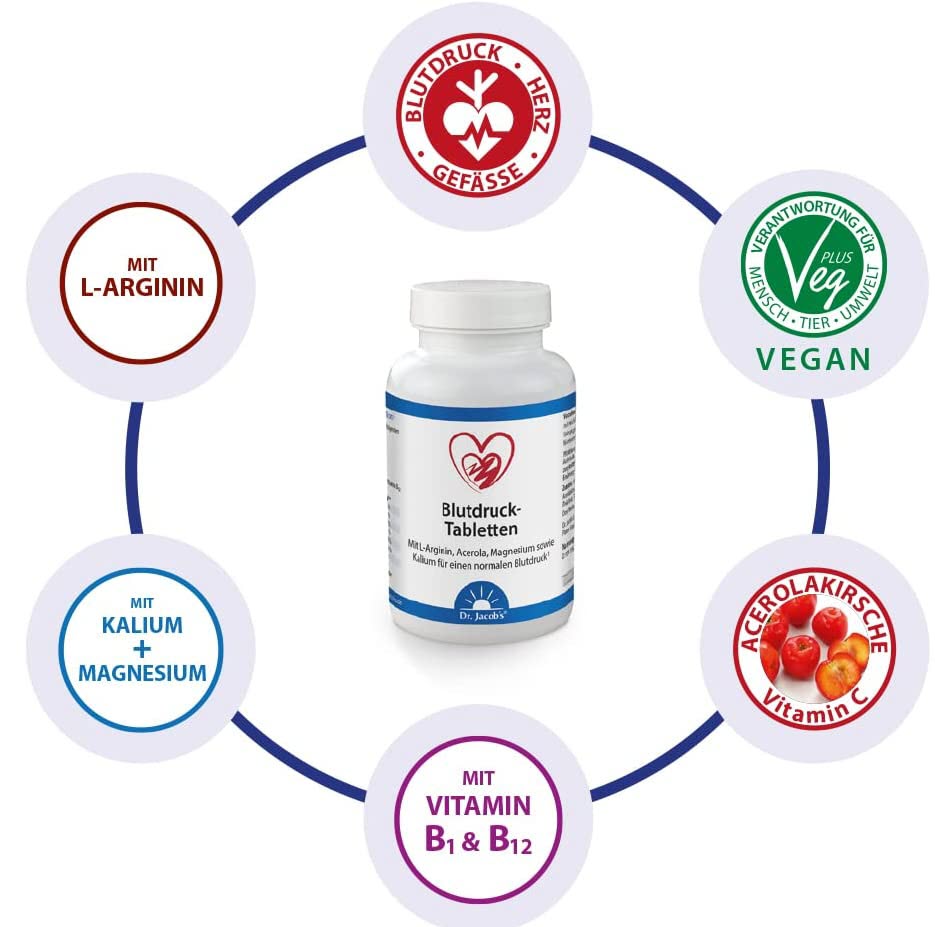 Dr. Jacobs Blutdruck Tabletten, für Blutdruck, Herz und Gefäße, mit pflanzlichem L-Arginin, Magnesium, Kalium, Acerola-Vitamin C, B1 & B12