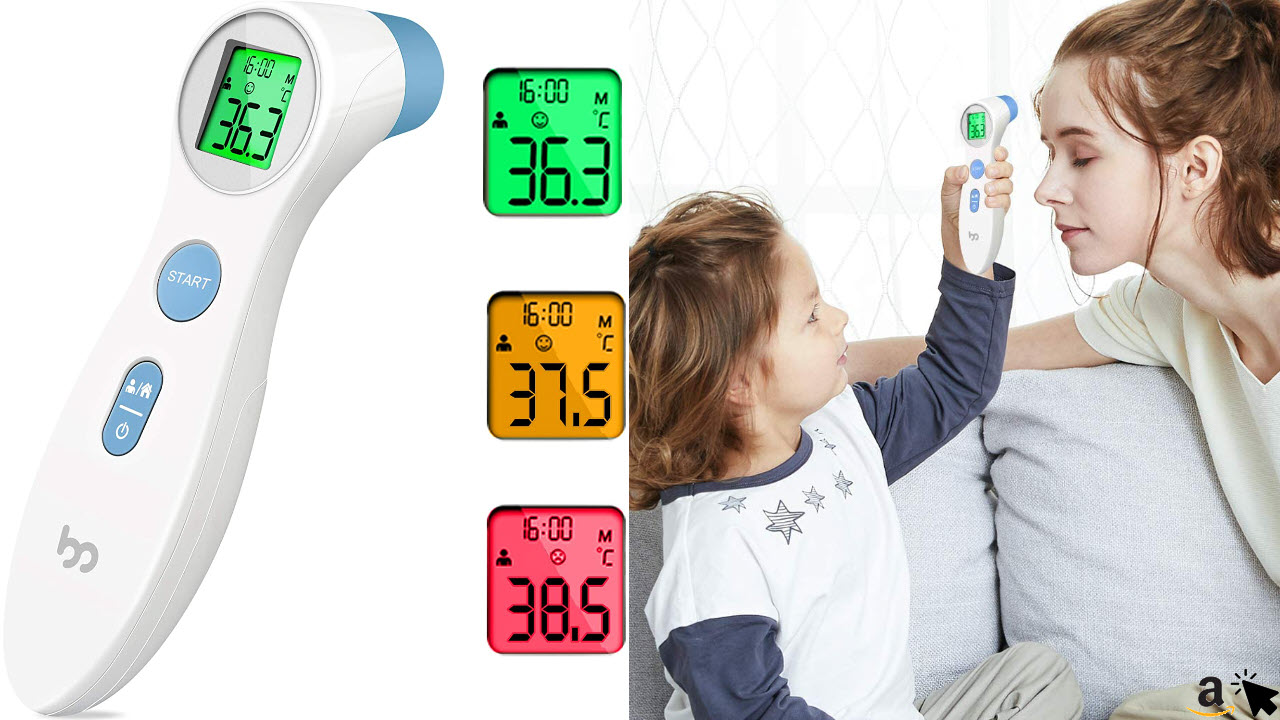 Fieberthermometer Stirnthermometer infrarot kontaktlos, akkurates digitales Sofort Thermometer für Babys, Kinder und Erwachsene, 3 Farben LCD Anzeige