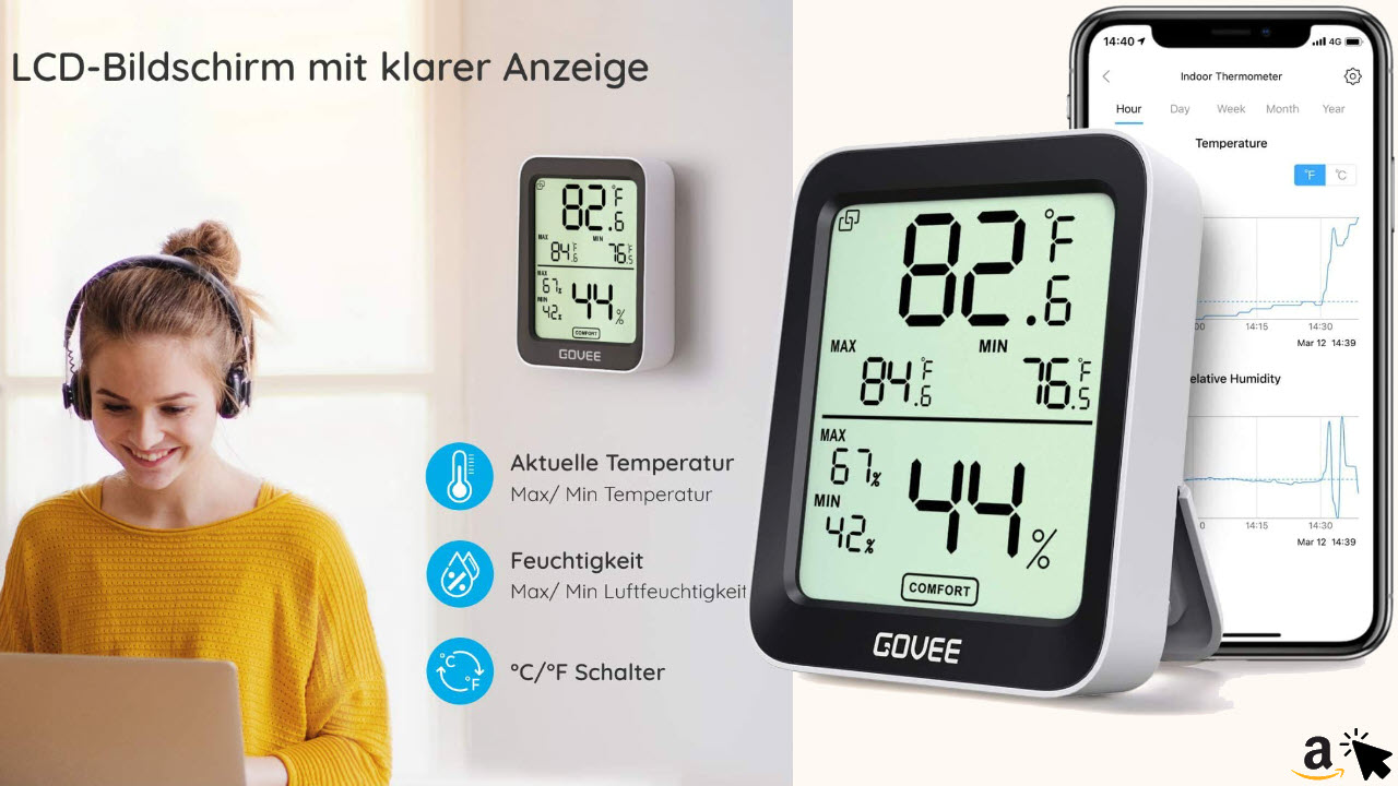 Govee Thermometer Hygrometer, Mini LCD Digital Thermometer Hygrometer Innen mit Benachrichtigungs Alarm, Präzise Hygrometer Temperatur mit APP, Datenspeicherung für Hausgarage Gewächshaus Weinkeller