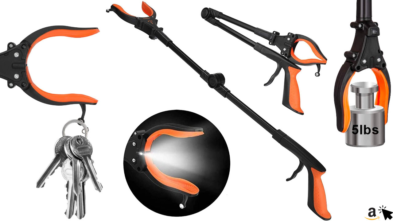 Kekoy 80cm Greifer mit Licht, Greifzange für Senioren Klappbar, 90°Drehbarer Kopf, Anti-Rutsch-Greifzange, Gummigriff, Greifhilfe mit Magnethaken, Müll Zange