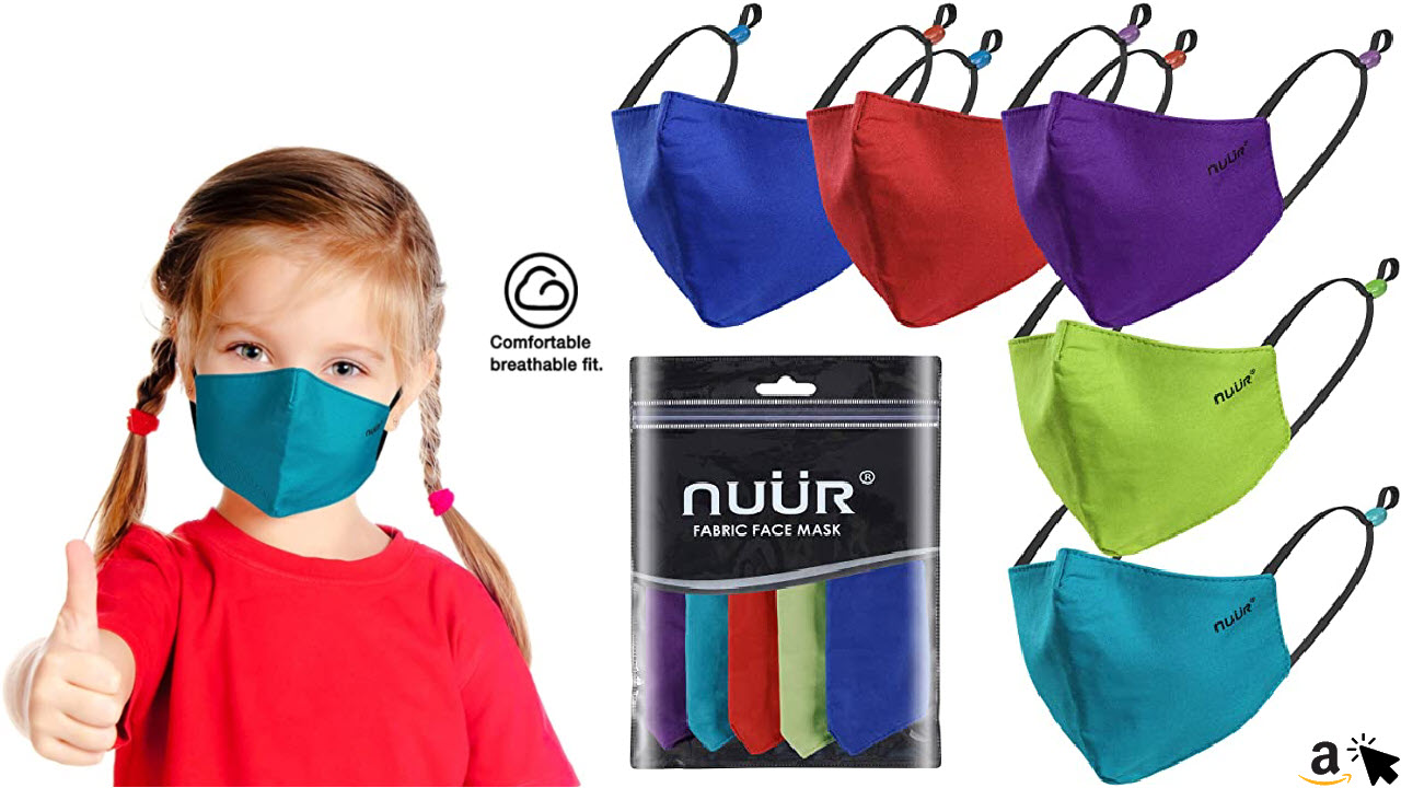 NUÜR Kinder 100% Baumwolle Atmungsaktive Gesichtsmaske, 5er-Pack, kontrastierende verstellbare Ohrschlaufen, 3-lagiger Schutz, weich, maschinenwaschbar, langlebig für den täglichen Gebrauch