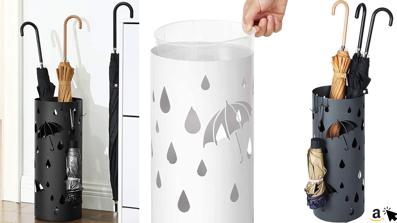 SONGMICS Regenschirmständer aus Metall, runder Schirmständer, mit Wasserauffangschale und Haken