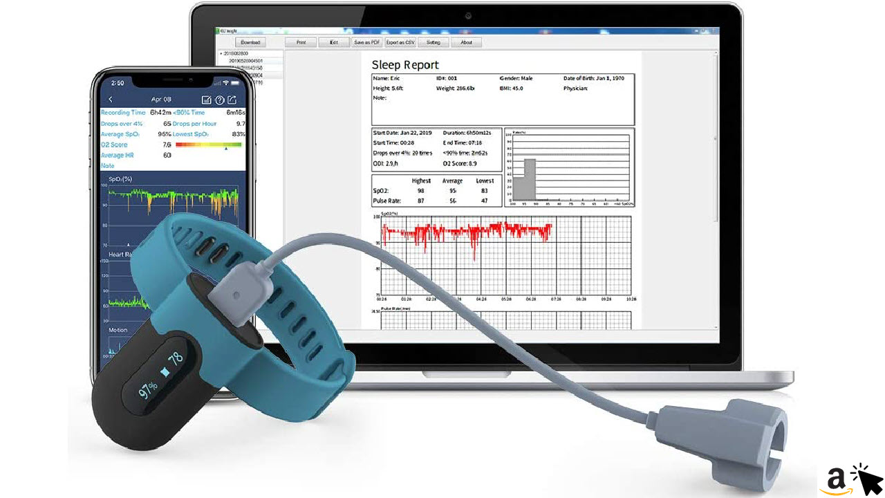 Sauerstoffsättigungs-Monitor, Handgelenk Sauerstoffmonitor, Überwacht den Blut-Sauerstoffpegel im Schlaf, mit Vibrations-Feedback, App & PC-Bericht, Bluetooth Herzfrequenz Monitor
