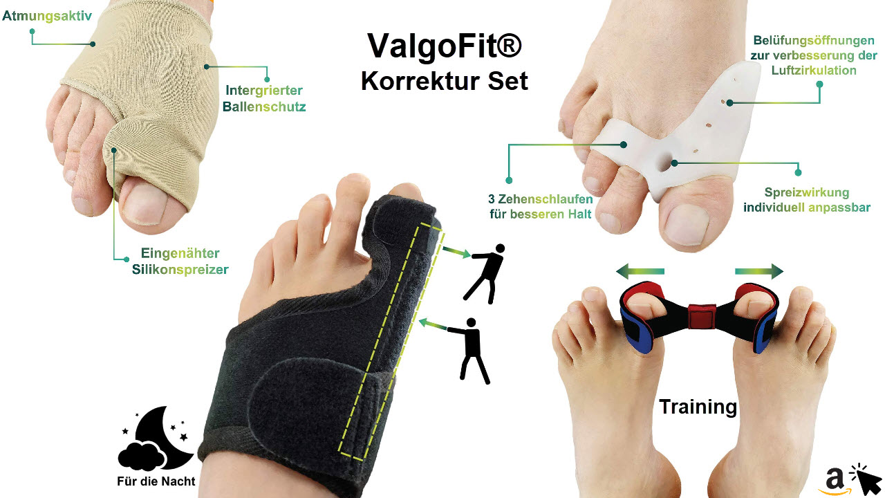 ValgoFit® Hallux Valgus Korrektur Set mit Korrektur Schiene, Bunion-Socken, Zehenspreizer Silikon, Zehentrenner, Fußkorrektur